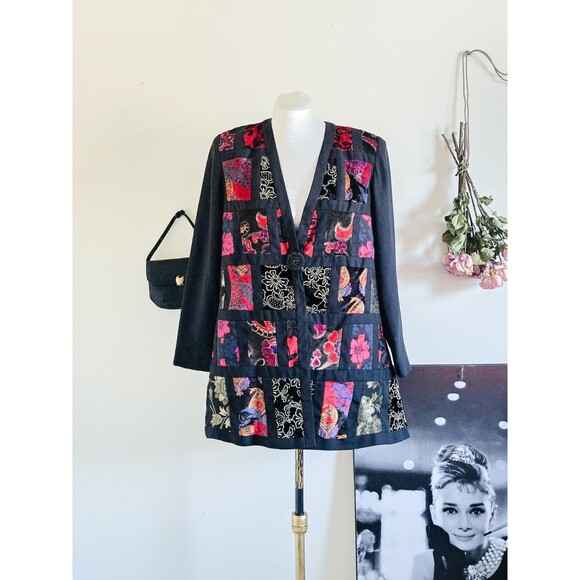 splendiferous Jackets & Blazers - Splendiferous Vintage 70s 1970s Black Red Patchwork Jacket Long Line L
